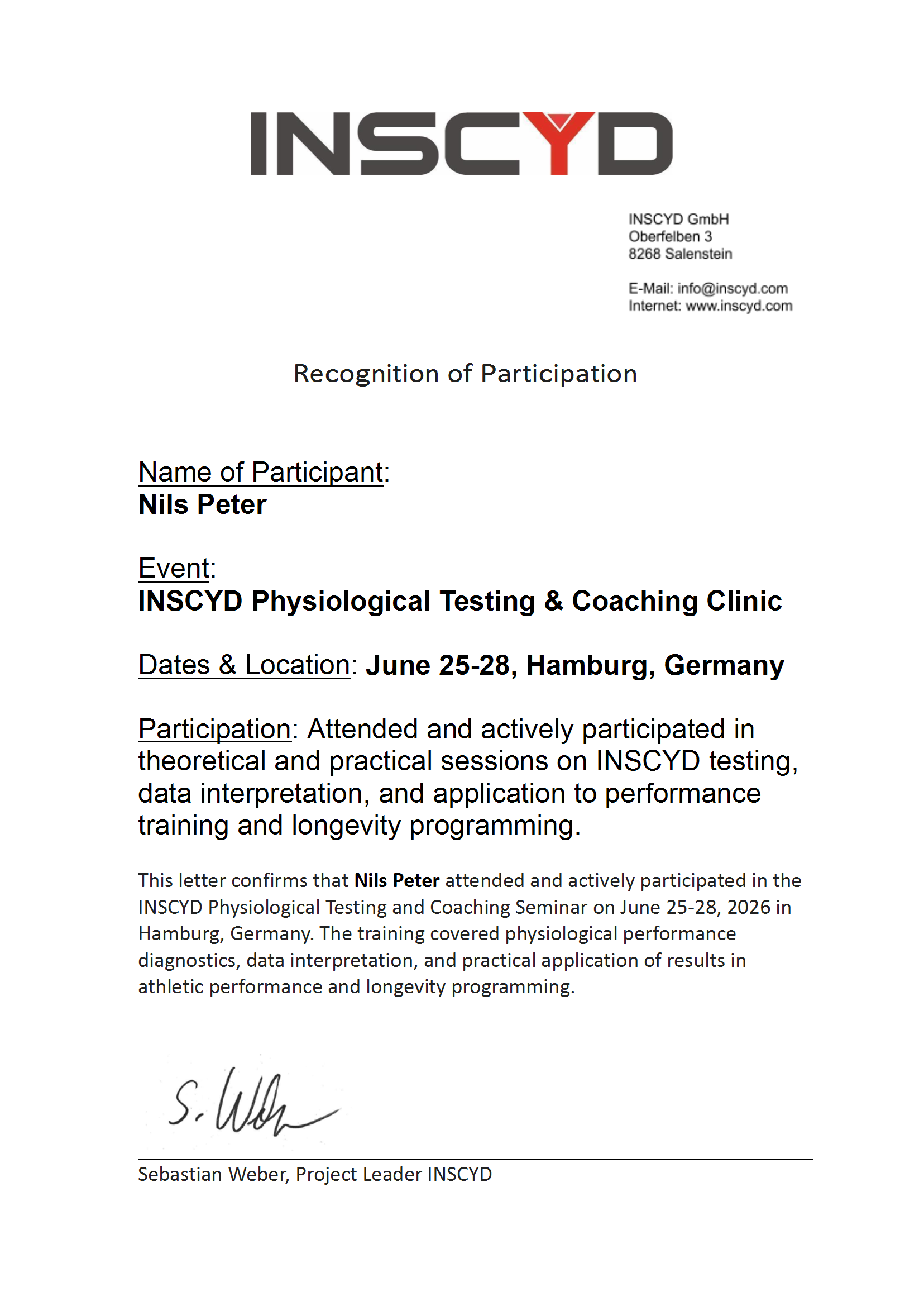 Participation Certificate Nils Peter